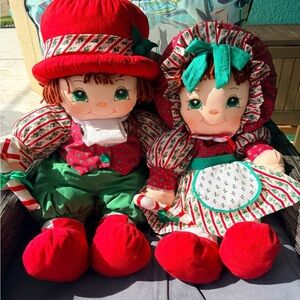 Vintage Boy & Girl Holly Mine Pillow Persons Christmas Dolls 26" Plush Holidays